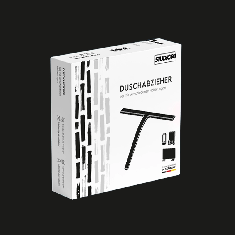 Ansicht eines Produktkarton-Designs für einen Duschabzieher