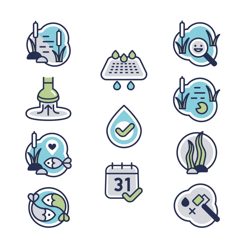 Referenzprojekt Teichreinigung und Gartenpflege Schön mit farbigen Icons zum Thema Teich und Garten